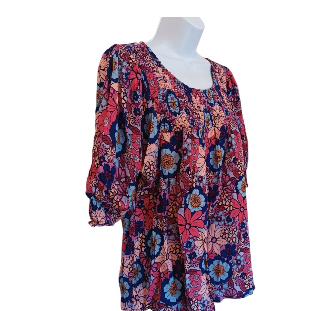 Terra & Sky Floral Women’s Blouse Blue Peach Pink Size 0X 14W Smocked Sleeve